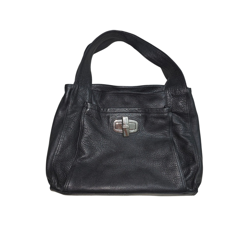 B. Makowsky Black Pebbled Leather Hobo Shoulder Bag Leopard Print Lining Silver